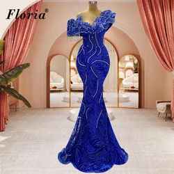 Royal Blue Beaded Celebrity Dresses With Crystals One Shoulder Red Carpet Runway Dresses For Women Vestidos De Noche Prom Gowns