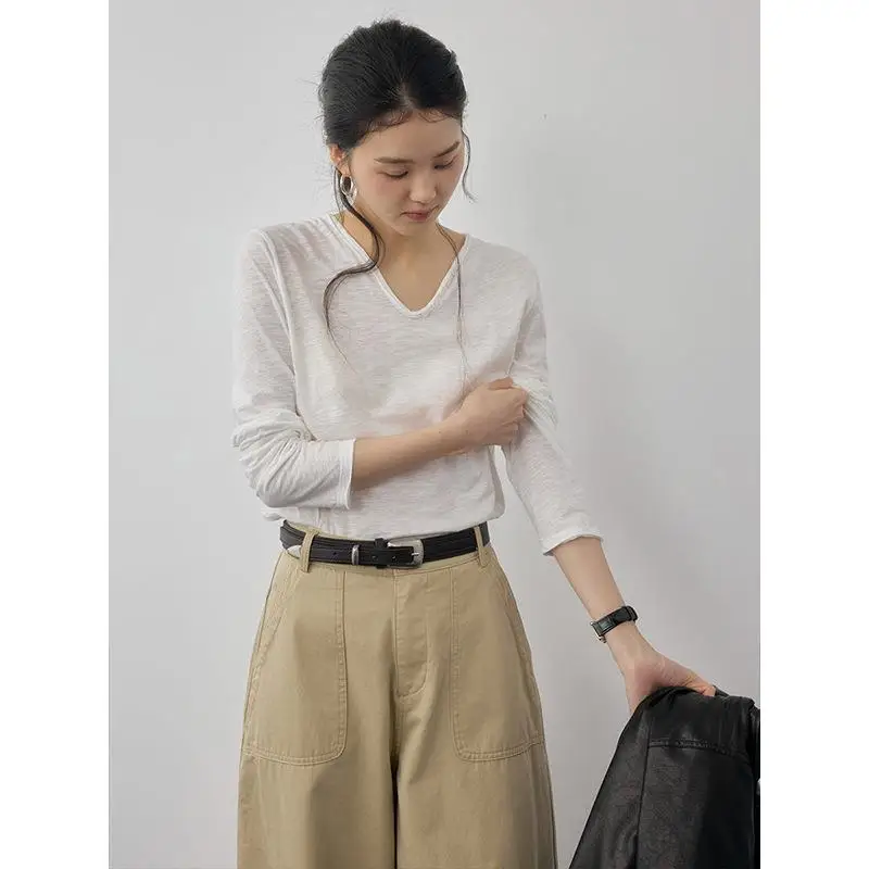 

Shijian Commute High Intelligence Wind V-neck Bamboo Mixed Yarn Tear Design Fitting Long Sleeve T-shirt New 2026 Casual Style