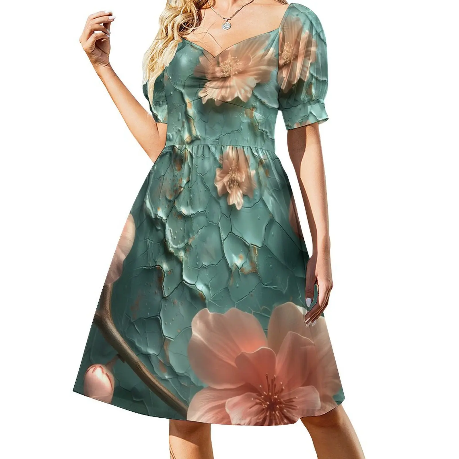 

Pepper green paint texture and peach fuzz flowers Short Sleeved Dress Women's clothing Dress