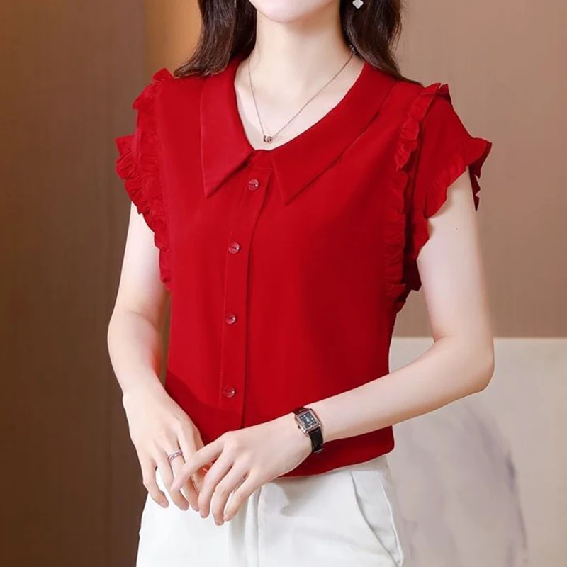 Elegante moda Solid Ruffles Button Shirt estate 2024 New Peter Pan Collar manica corta Slim pullover camicetta abbigliamento donna