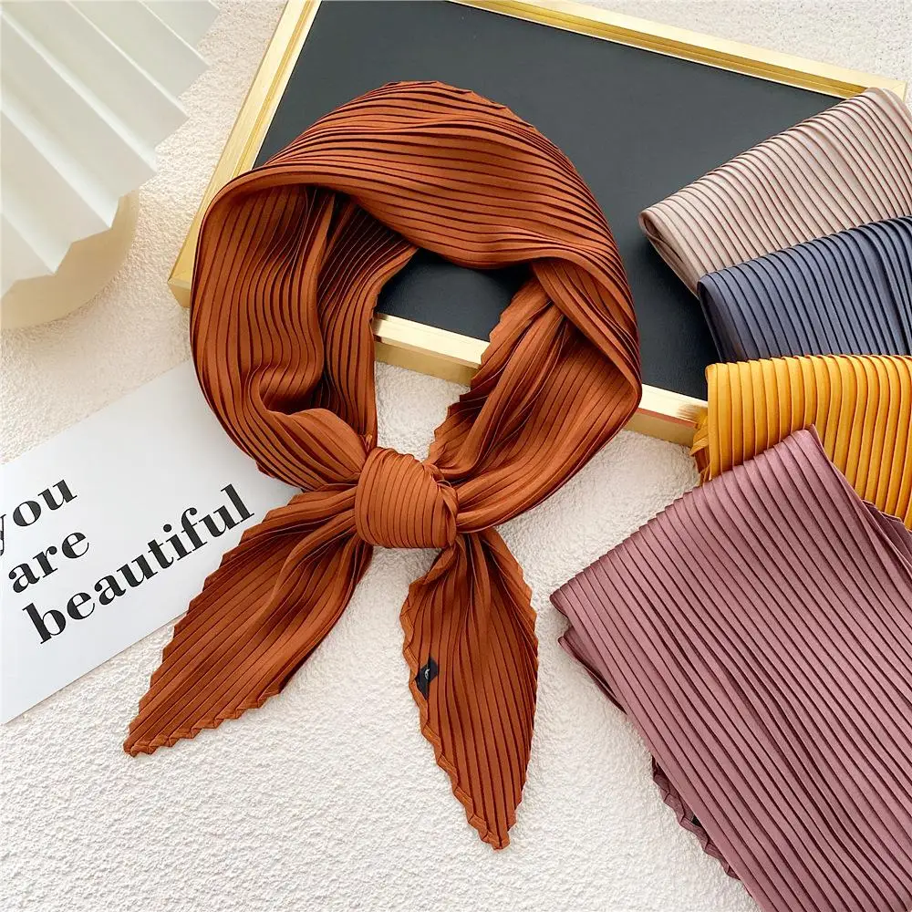 

Satin Neckerchief Square Muffler Crinkled Hair Scarf Solid Color Bandana Silk Pleated Wraps Useful Headscarf Small Shawls