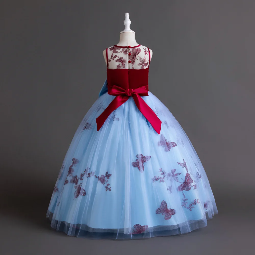 Butterfly Girl Party Dresses Color Block Girls Long Ceremonial Dress Gown 4-13 Years Sequins
