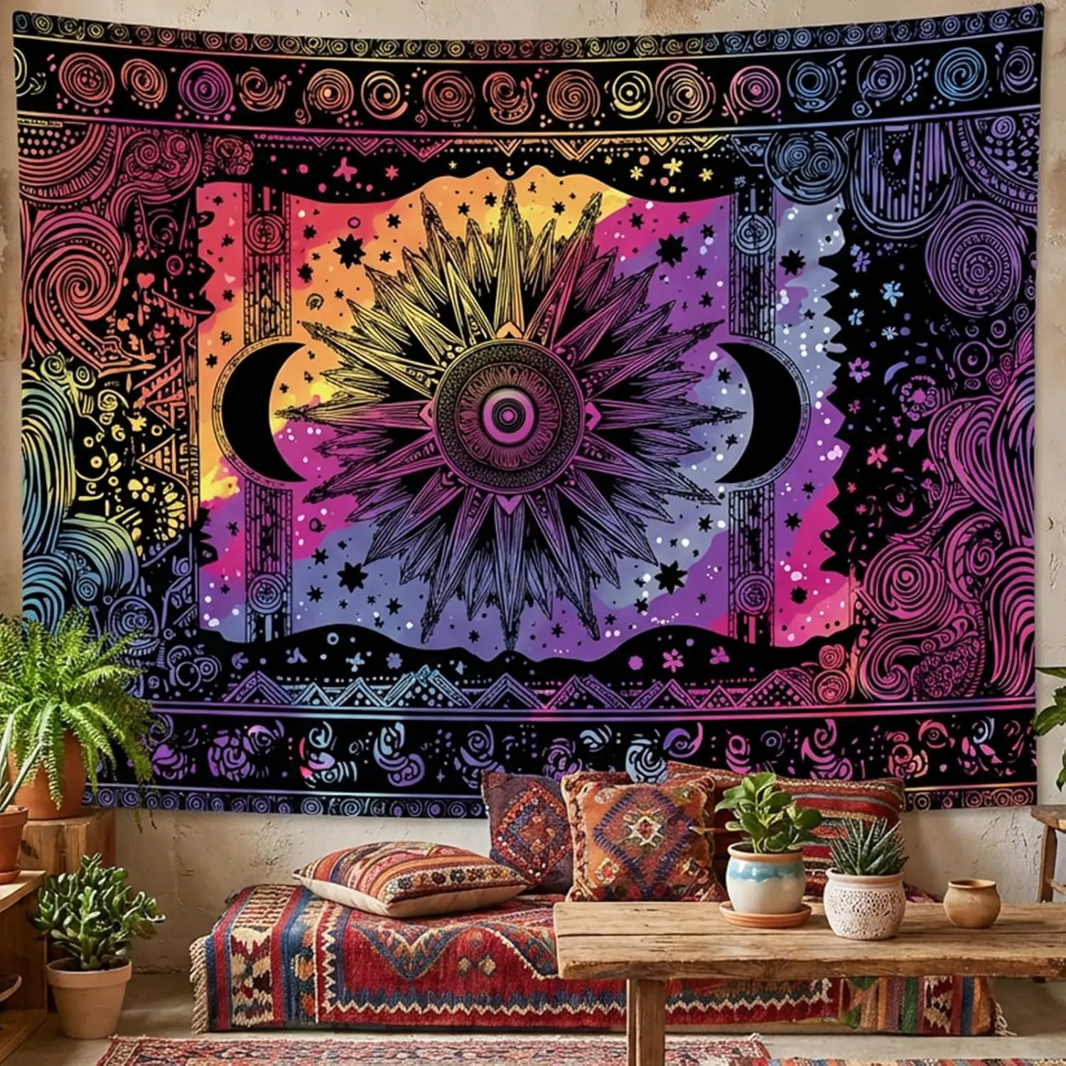 Bohemian Cosmic Tapestry Wall Hanging Boho Astrology Decor Psychedelic Art Sun Moon Stars Nebula Pattern for Living Room Bedroom