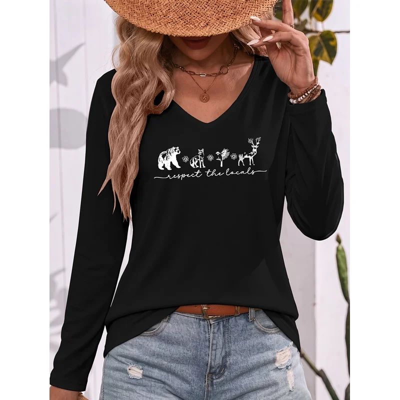 Wild Animal Theme Illustration Slogan Pattern Printed V Neck Long Sleeve T Shirt Soft Breathable Skin Friendly Comfortable Casua