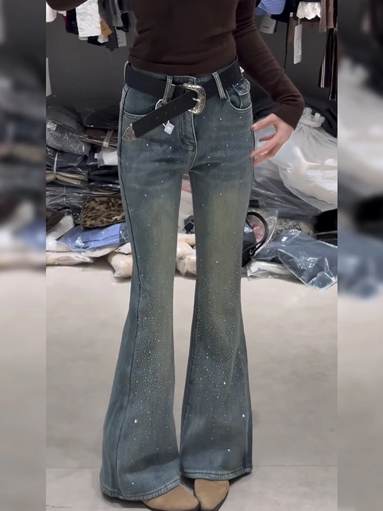 

Женские джинсы Slim Fit с высокой талией, ретро-стиль, модные, с пэчворком, слегка расклешенные, длинные брюки, трендовые, в уличном стиле