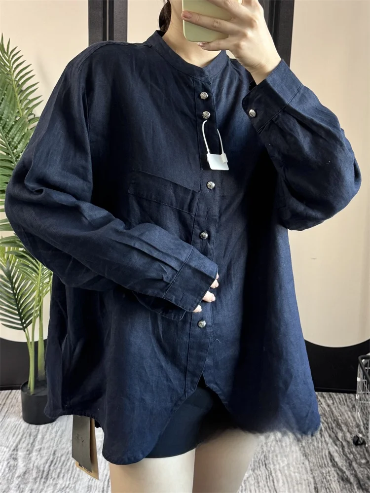 Confortável linho irt emagrecimento solto gola henry outono senhoras faion casual sle pele-amigável respirável longo sve