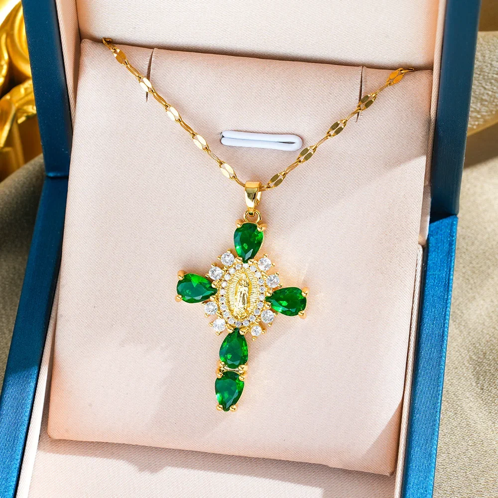 قلادة جديدة لعام 2025 على شكل أم مقدس على شكل متقاطع، سلسلة شفاه من الزركون عصرية ومتعددة الاستخدامات للنساء