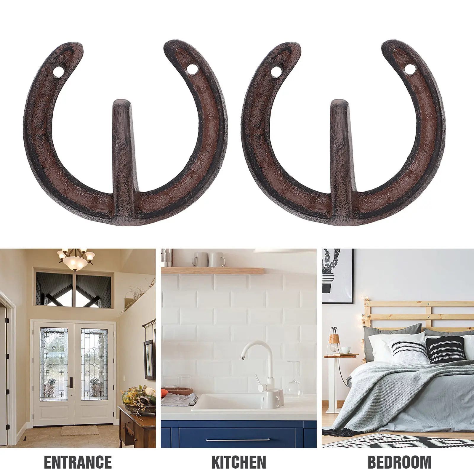 2Pcs Cast Iron Horseshoe Wall Hooks Rustic Heavy Duty Metal Wall Mounted Hooks for Bedroom Kitchen Bathroom Coat Towels Hat