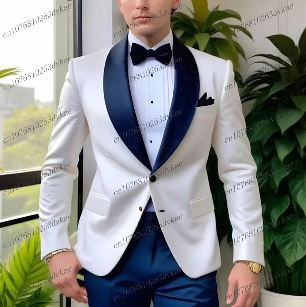 

White And Navy Blue Satin Business Men Suit Groom Groomsman Wedding Party Prom Formal Male Tuxedos 2 Piece Set Blazer Pants