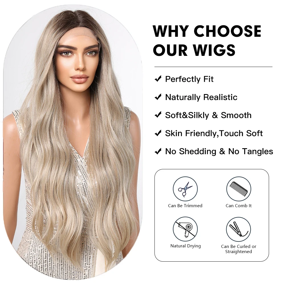 Gray Brown Ombre Lace Frontal Synthetic Wigs for Women Long Wavy Curly Hair Middle Part Black Roots Wigs for Daily Use Cosplay