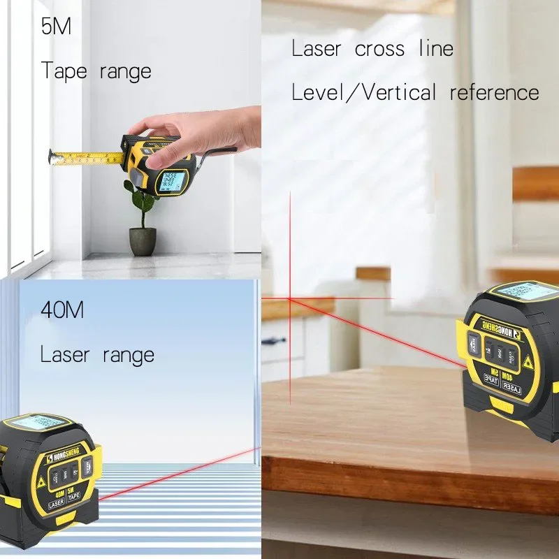 3 in 1 Laser Rangefinder 5m Tape Measure Ruler LCD Display with Backlight Distance Meter Cross Line Building Measurement Device