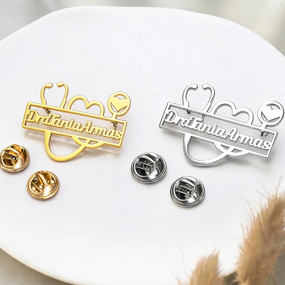 Custom Name Stethoscope Brooch Personalized Heart Pins Badge Doctor Nurse RN.Dr.Name Jewelry For Birthday Nurses Day Angel Gift