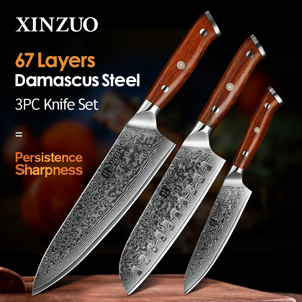 

XINZUO 1PCS or 3PCS Kitchen Knife Sets Japanese Forged Damascus Steel Chef Santoku Knives Stainless Steel Rosewood Handle