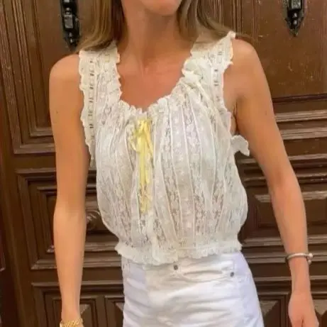 2026 Summer Women's Lace Vest U-neck Sleeveless Single breasted Fashion Tank Top