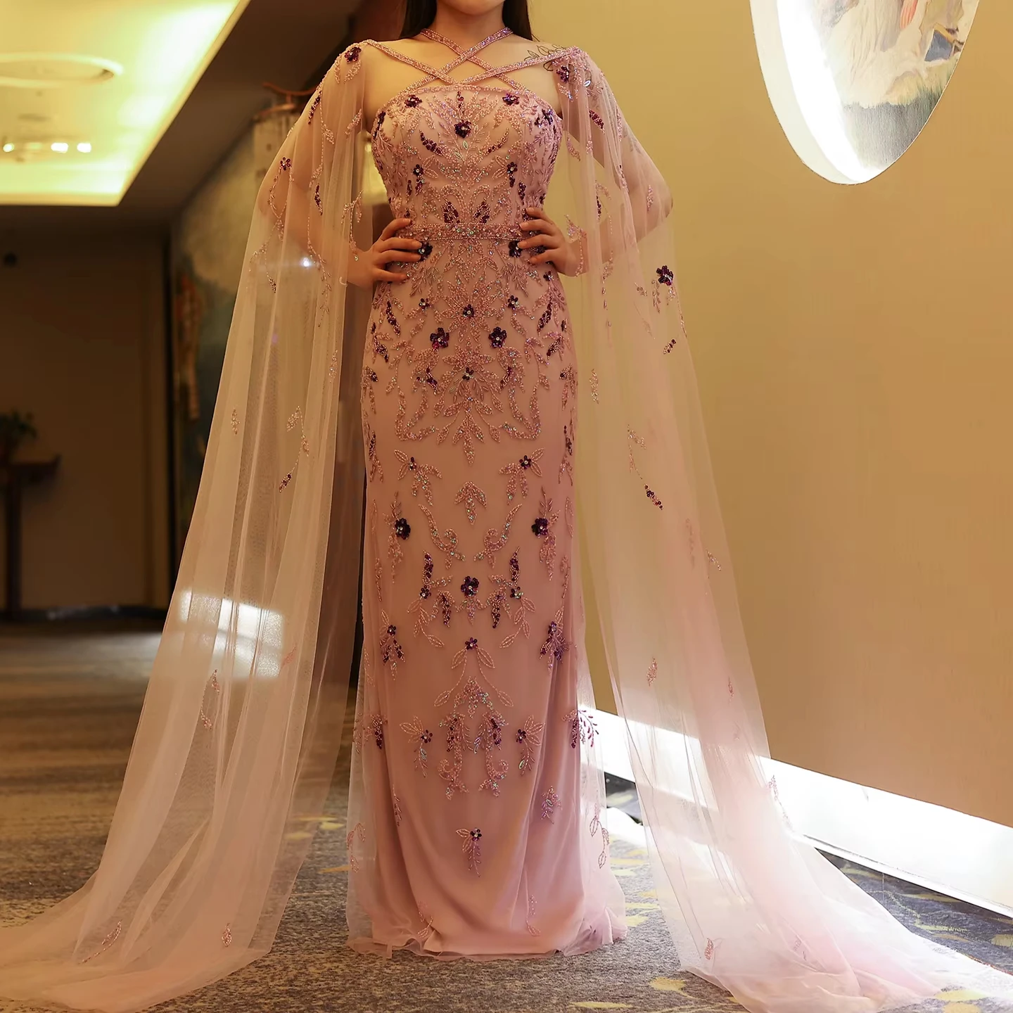 

Dubai Lilac Arabic Evening Dresses With Cape Sleeves Elegant Arab Women Wedding Party Gowns Sz370