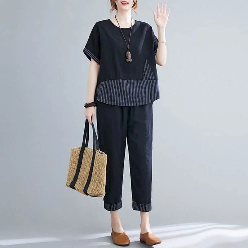 

Комплекты брюк Футболка с круглым вырезом и короткими рукавами и шаровары Летний женский спортивный костюм Винтажный повседневный свободный комплект из 2 предметов Женская одежда