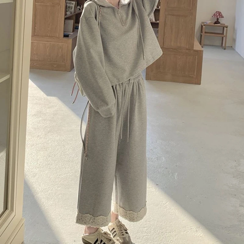 

Gray Casual Hooded Sweater Set Women's 2025 Autumn New Lace Lace Wide-leg Pants Two-piece Set