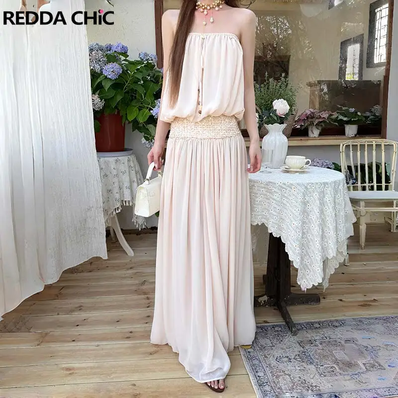 ReddaChic Women's Drawstring Corset Maxi Long Dress Cocktail Party Chiffon Cinched Waist Split Dress Vacation Summer Clothes