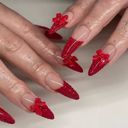 24pcs Red French Fake Nail Ins Romantic Bow 3D Red Bowknot Design Almond False Nail Patch Christmas Day Press on Nails for Girls