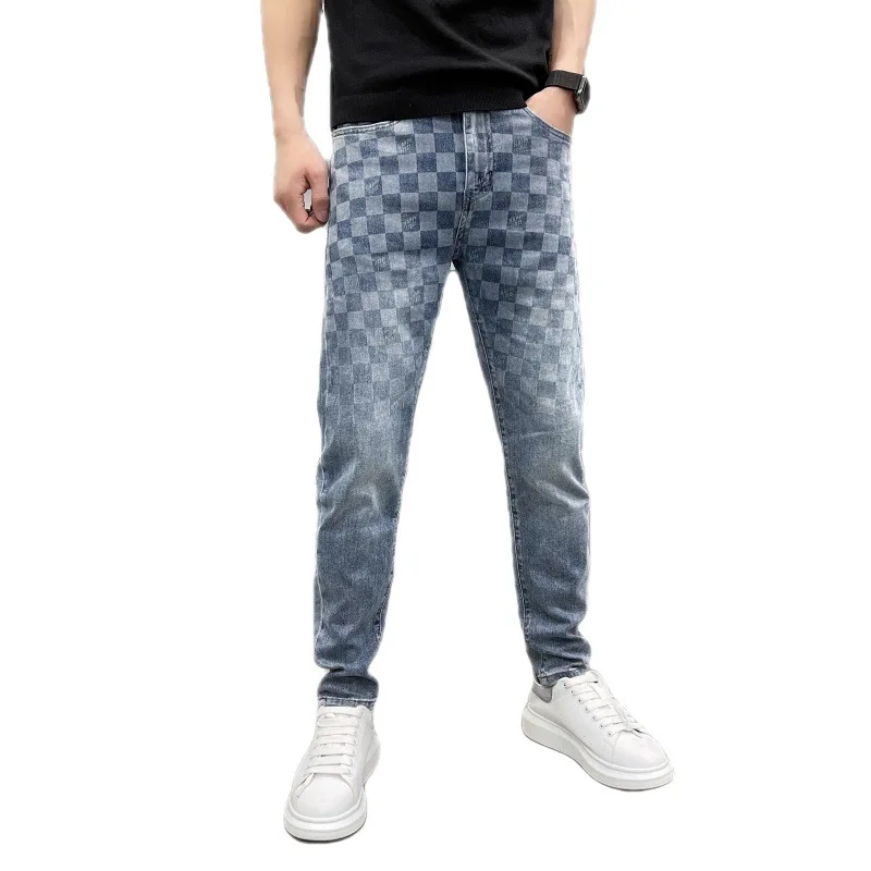 Light luxury high-end jeans Men\'s Fashion Square plaid printed design Stretch Slim fit light straight-leg trendy pants