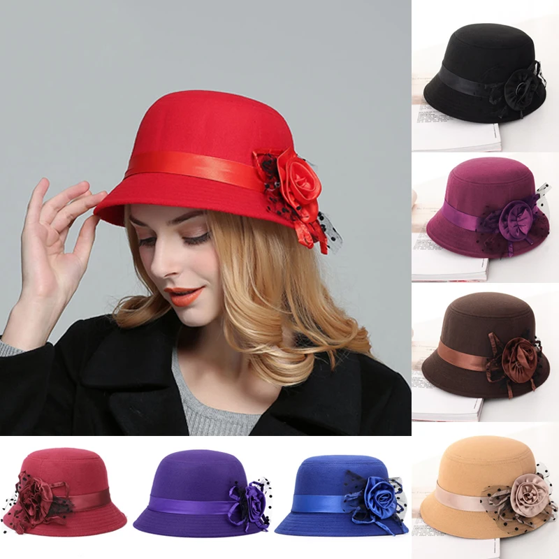 Women's Hats British Style Ladies Top Hat Keep Warm In Autumn Winter Retro Solid Color With Flower Wide Brim Round Flower Cap