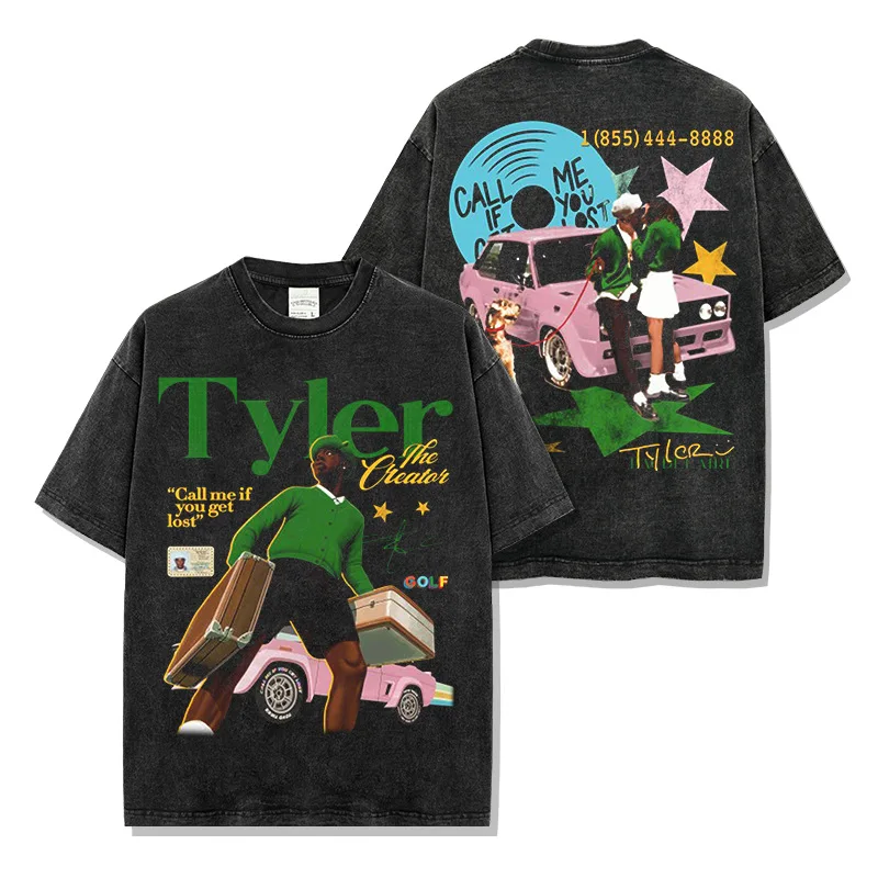 

2025 Tyler The Creator, American-style T-shirt, Vintage Vintage Washed Double-sided Printed Short Sleeve