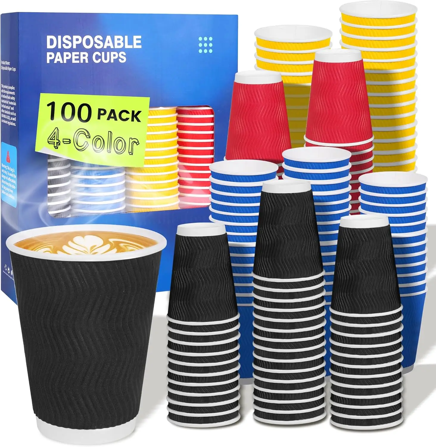 

12 oz Coffee Cups 100 Pack, 4-Color Corrugated Disposable Paper Cups with Ripple Wall, Insulated for Hot & Cold Drinks,
