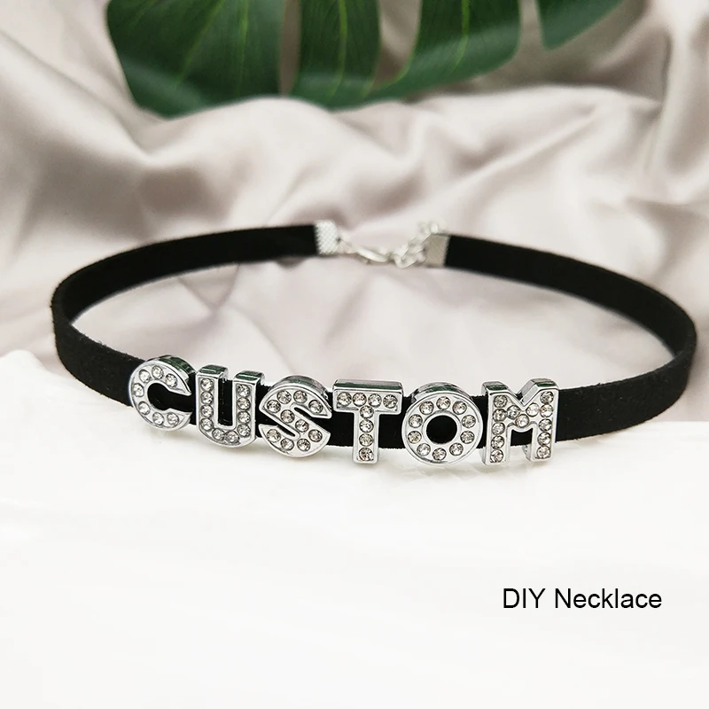 DIY Personalized Rhinestone Letters Custom Name Necklace Velvet Suede Leather Choker Collar Neck Jewelry Friends Family Gifts