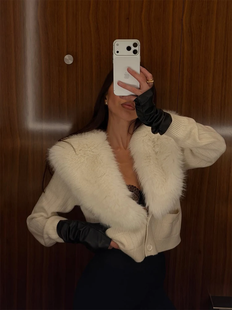 Black Fur Collar Leather Jacket Women Chic Solid Full Sleeves Waist Cinching V-neck Short Coat 2026 Lady High Street Outerwear