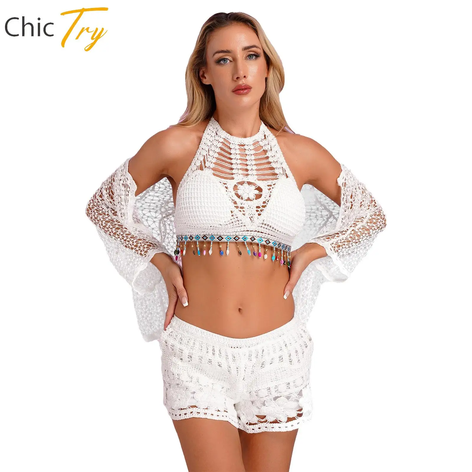 

Women 3 Piece Boho Style Beachwear Swimsuit Halter Neck Padded Top with Mini Shorts Beach Cover Up Cardigan Set Vacation Outfit