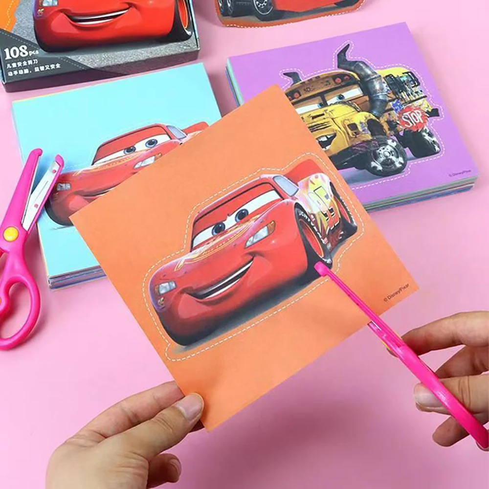 108PCS Cars Anime Paper Cutting With Scissor Lightning McQueen Cartoon Educational Handmade DIY Toys Origami Book Gifts For 3-5Y