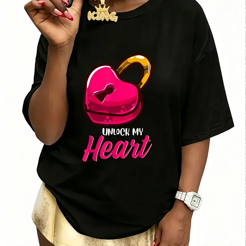 Open My Heart Padlock Funny Humor Valentines Day Couple Women's 100% Cotton T-Shirt Fun Print Short Sleeve Top Casual Round Neck Tee S-5Xl