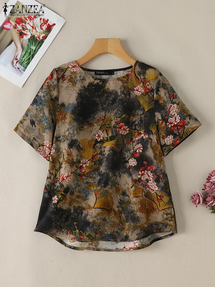 ZANZEA Casual Loose Women Shirts O Neck Half Sleeve Cotton Floral Print Blusas Mujer Vintage Summer 2024 Leisure Holiday Blouses