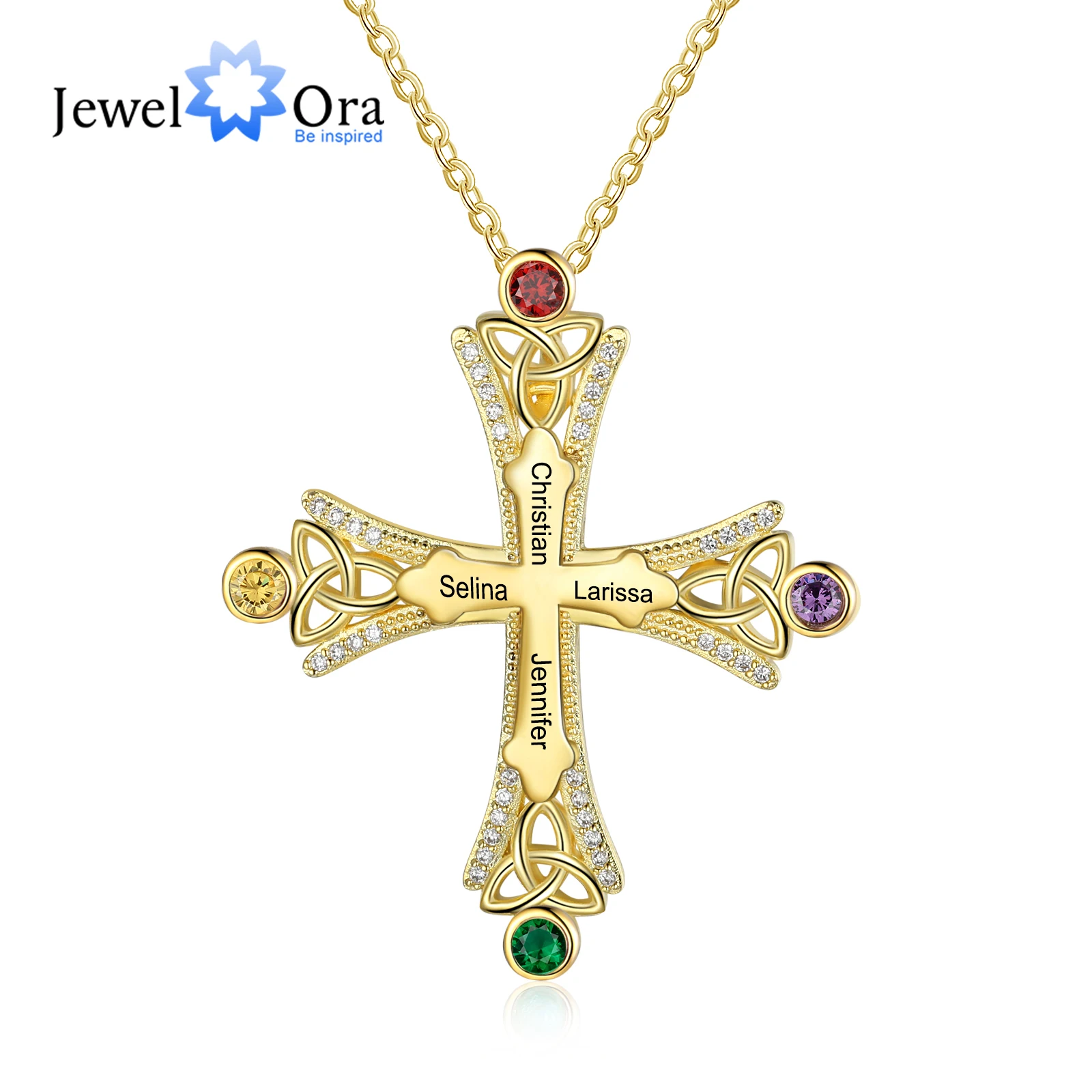 Personalized Cross Pendant with Celtic Knots Customized 2-4 Name Engraved Necklace with Birthstone Mothers Day Gift for Family