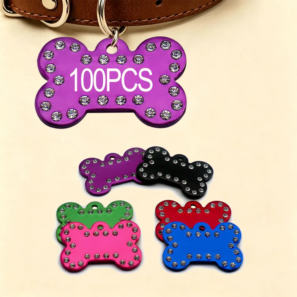 Wholesale 100PCS Pet Supplies Metal Keychain Pendant With Diamond Decoration Dog ID Tag Customizable Double-sided Engraved Cat