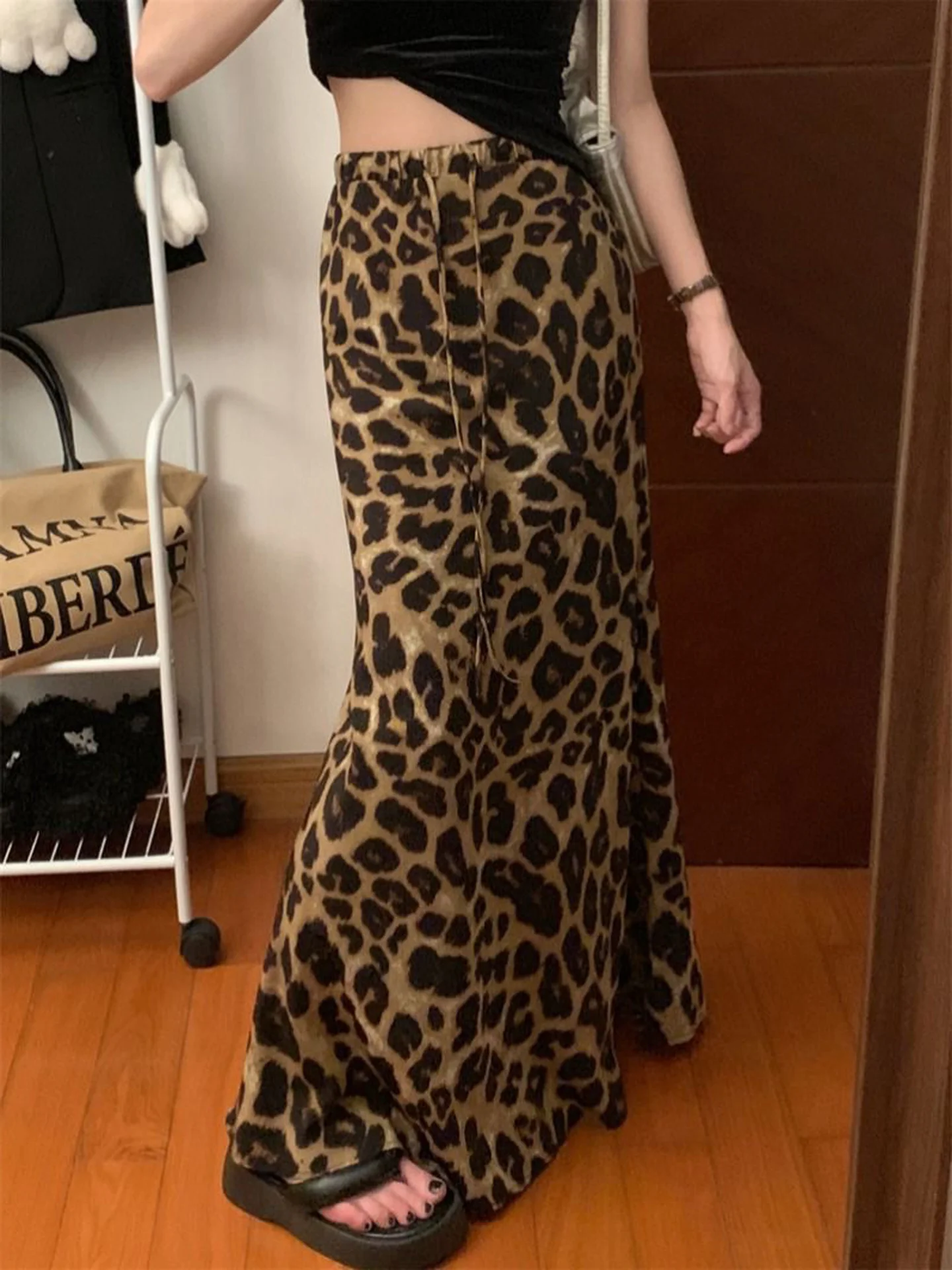 American Retro Leopard Print Halter Neck  Dress Women's High Waist Slimming Drapey Fish Tail Long Skirt Autumn New Design