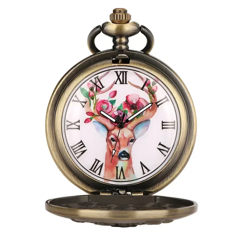 Antique Style Hollow-Out Elk Pocket Watch Bronze Quartz Movement Necklace Chain with Half Hunter Case Roman Number Display reloj