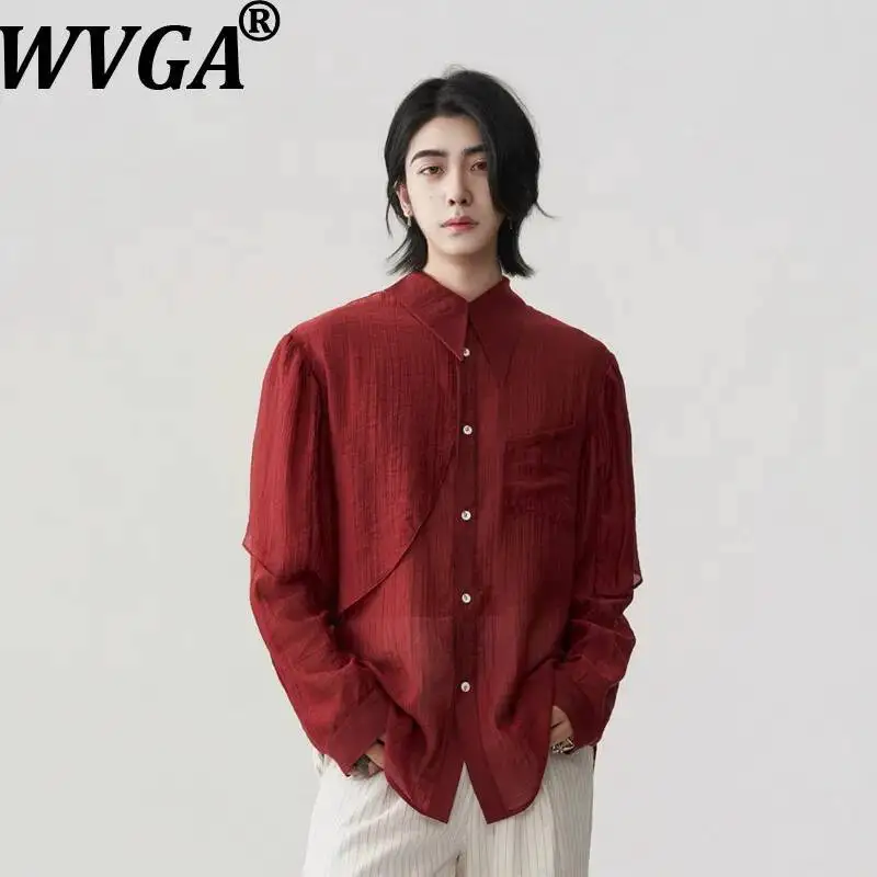 WVGA Summer New Men Irregular Ruched Drop-Shoulder Puff Sleeve SunProof Shirt Niche Chic Casual Turn-Down Collar Tops Ins W24805