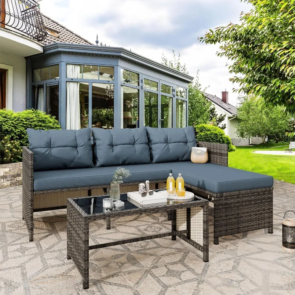 

3 Pieces Patio Furniture Sets, All-Weather Wicker Outdoor Sofa Couch Sectional Set, Small Conversation Set for Patio,