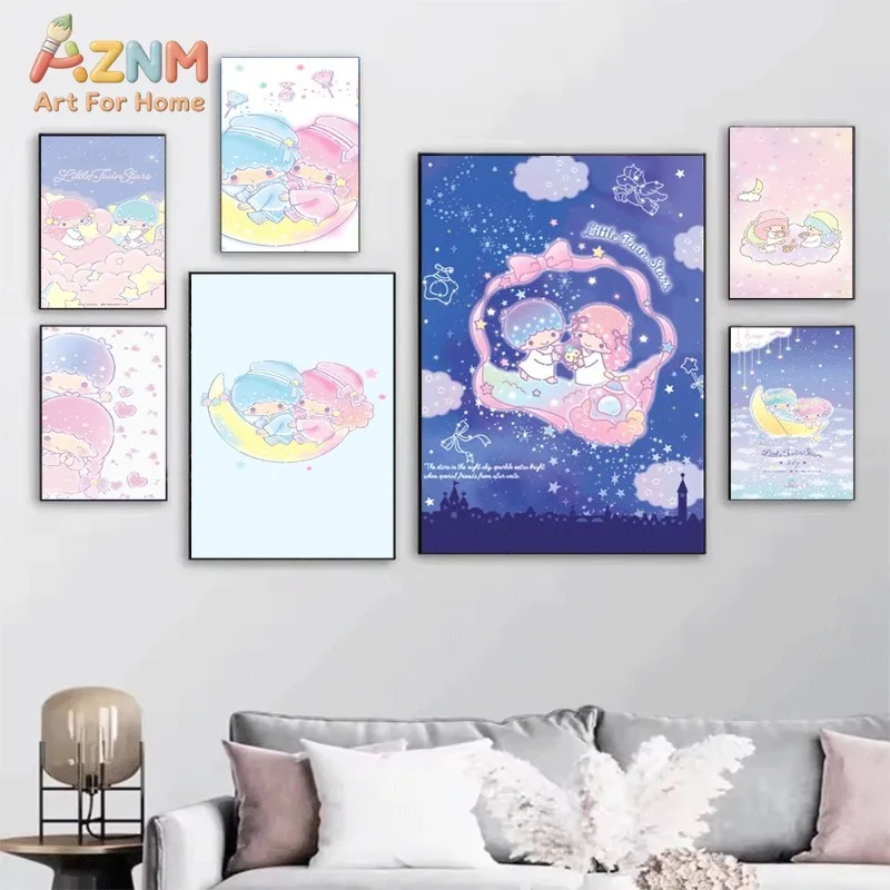 Sanrio Little Twin Stars Blue White Gingham Check Background Canvas Wall Art Unframed Canvas Poster Print for Girls Bedroom Home