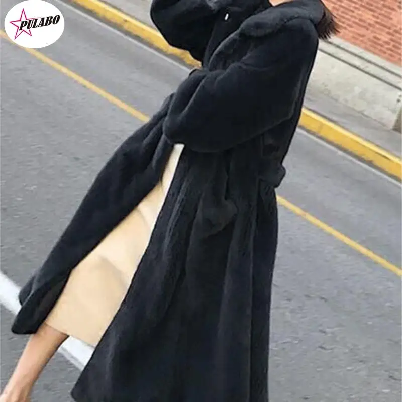 PULABO Winter Fur Outerwear Female Fashion Solid Color Long Fur Coat High-end Warm Mink Fur Jacket Coat Women Parka