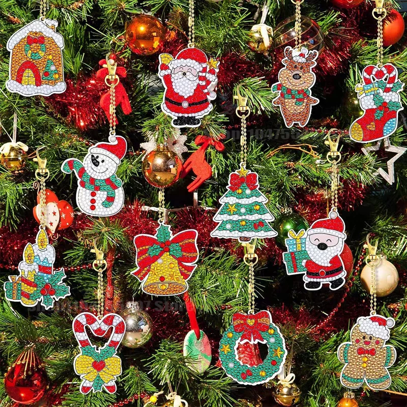 Mini Xmas Handmade Diamond Painting Material Kit Keychain Santa Claus Socks Snowman Decoration Pendant Holiday Blue Snowflakes