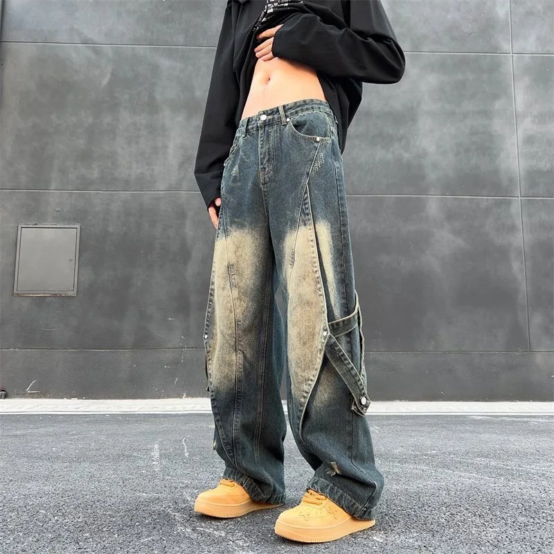 

Streetwear Vintage Patchwork Jeans Men Ribbon design Distress Loose Straight Denim Pants Spring Autumn Fashion Casual Trousers