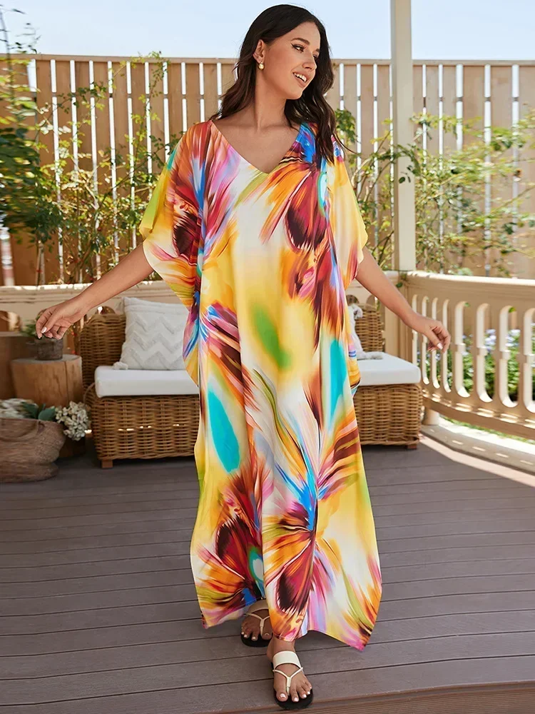 2026 New Contrast Color Printed Beach Cover-Ups Women Bikini Cover Up V-Neck Oversized Beach Long Dress Summer 2026 Fashion Robe