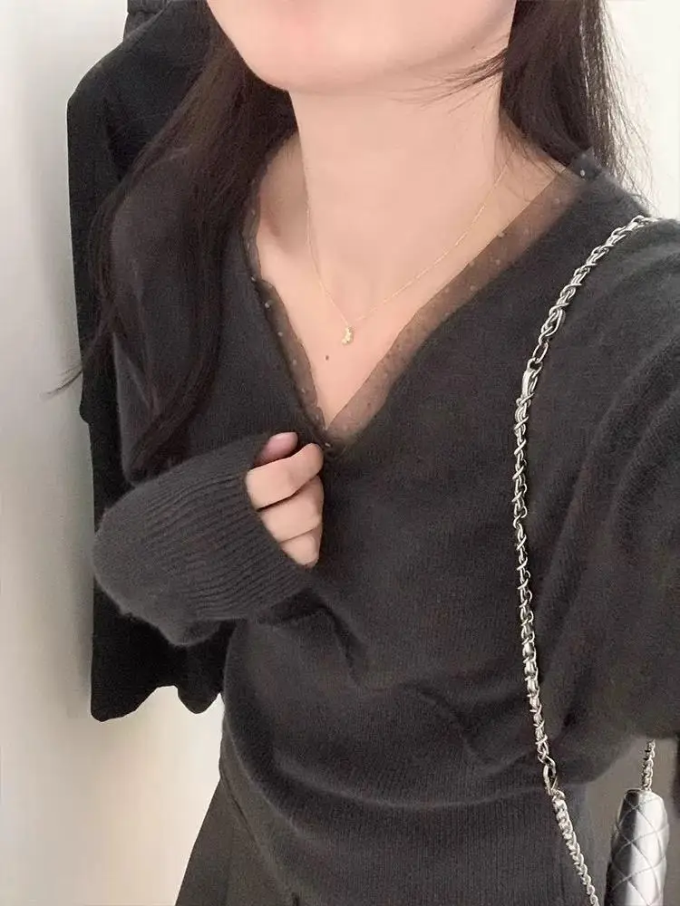 Maglione di lana lavorato a maglia da donna allentato V-Ne Lace Trim Faionable Base dimagrante irt Innerwear Trendy Long Sve Top