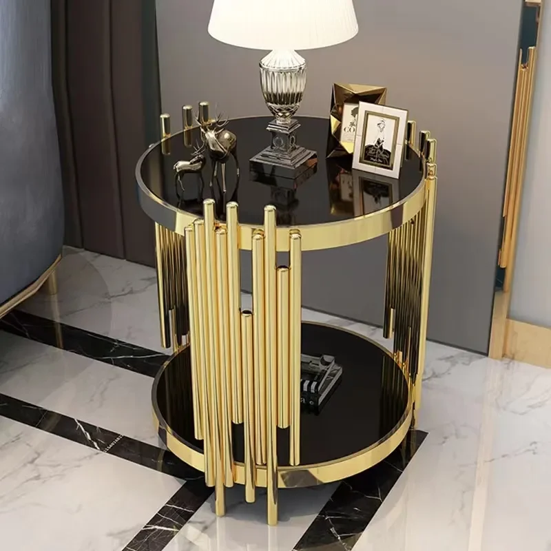 Modern Simple Round Coffee Table Gold Plated Stainless Steel Tempered Glass Marble Edge Living Room Hotel Apartment Furniture