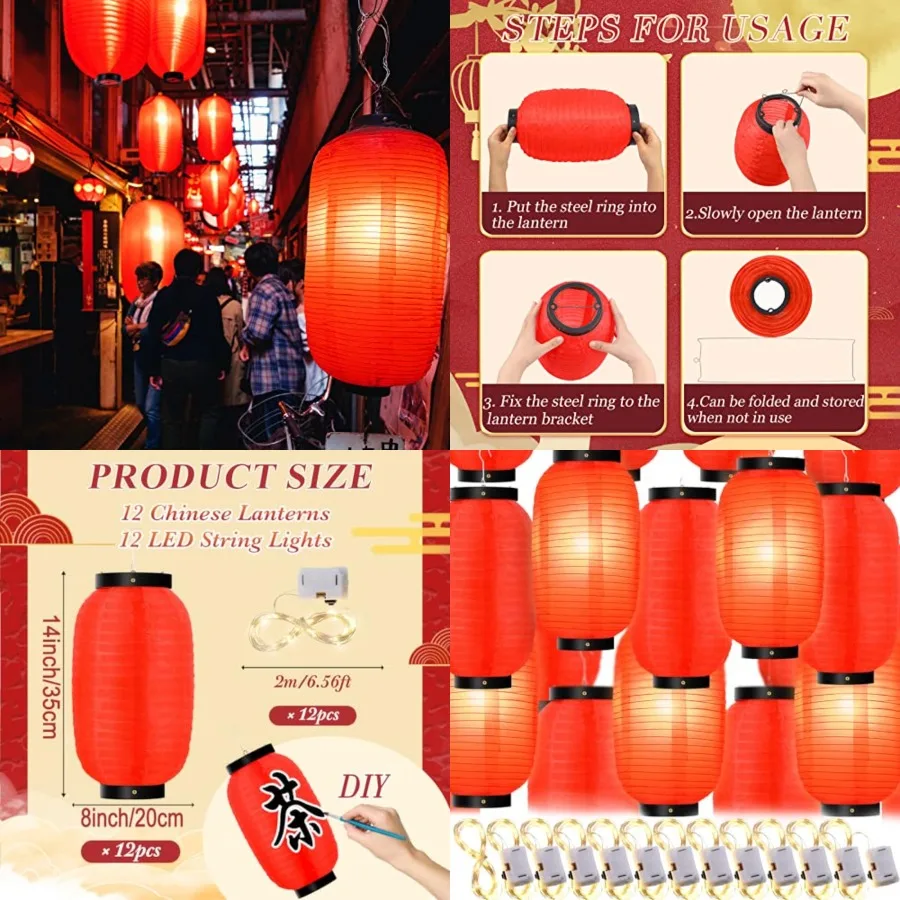 

24 Pcs Traditional Japanese Style Red Silk Hanging Lantern Set Including Paper Lanterns Japanese Decorations and Lights for Chi