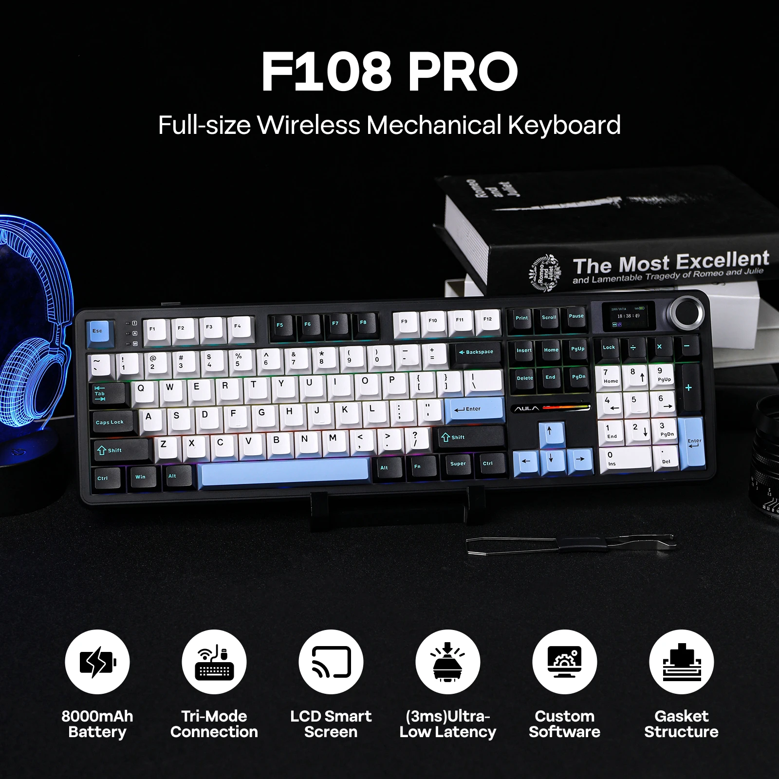 EPOMAKER X AULA F108 PRO Full Size 100% ANSI Layout Hot Swap Wired/2.4GHz/Bluetooth Wireless Mechanical Keyboard RGB Backlight