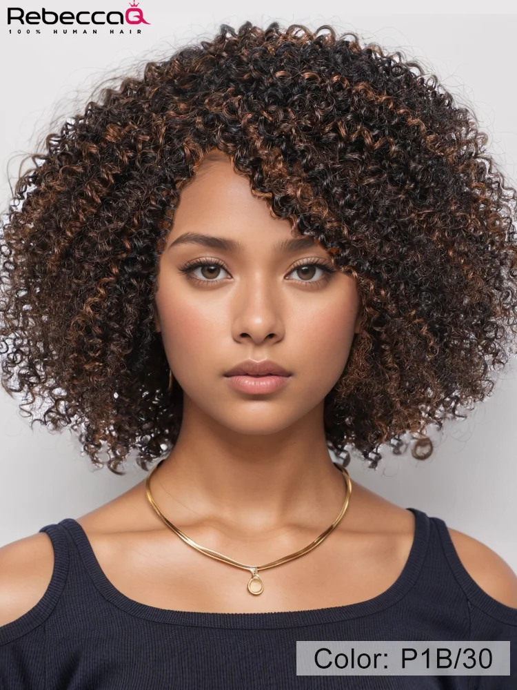 Highlight Short Kinky Curly Bob Wigs For Women Brazilian Remy Human Hair Wigs Easy Wear Human Hair Wig With Bangs 200% Density image 3