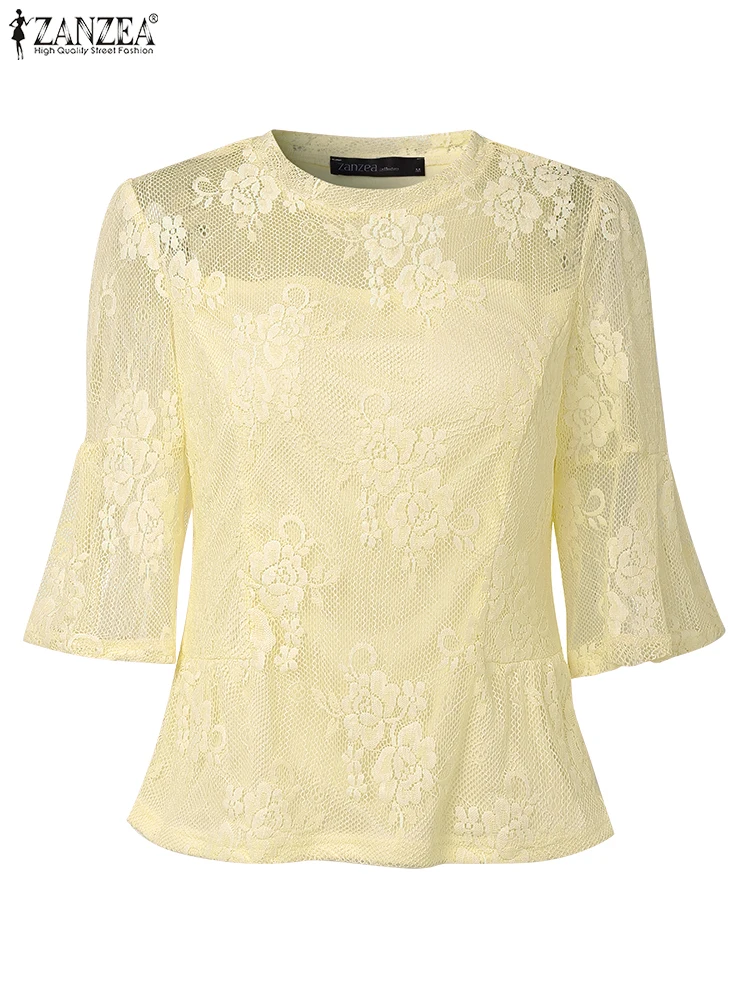 

Casual Loose Lace Blouse Women Tops 2025 ZANZEA Vintage Seethrough Shirts Summer Beach Tops V-neck 3/4 Flare Sleeve Blusas